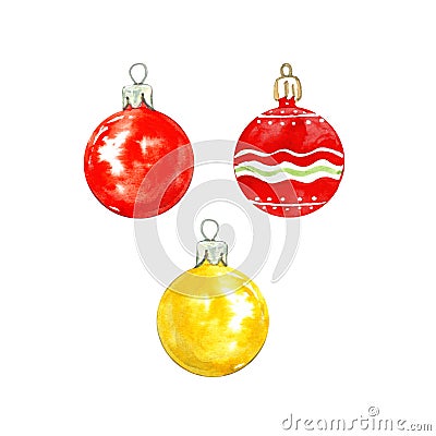 Watercolor Christmas set with assorted glass baubles isolated on white background. Festive Christmas tree decorations. Cartoon Illustration
