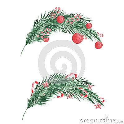 Watercolor Christmas set with branches of a Christmas tree, balls, sweets, a mitten and a sock for gifts. Stock Photo