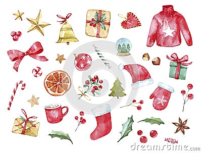 Watercolor Christmas set with Christmas stockings, candy canes, Christmas decorations, stars and toys on white background. Stock Photo