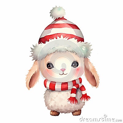 watercolor Christmas sheep in a striped hat and scarf on an isolated background Cartoon Illustration