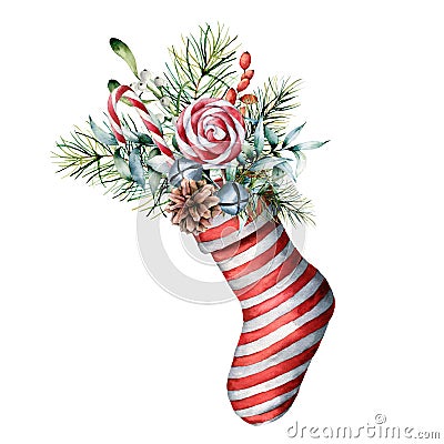 Watercolor Christmas sock with winter floral decor and candies. Hand painted holiday symbol with fir branches, cone Stock Photo