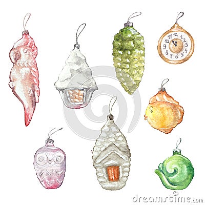 Watercolor christmas toys figures antique, tree decoration watercolor Stock Photo