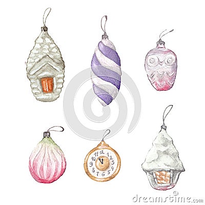 Watercolor christmas toys figures antique, tree decoration watercolor Stock Photo