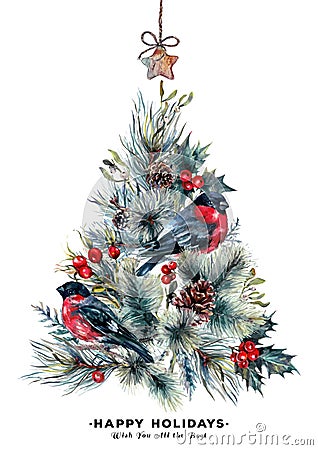 Watercolor Christmas Tree and Bullfinches Greeting Card Vector Illustration