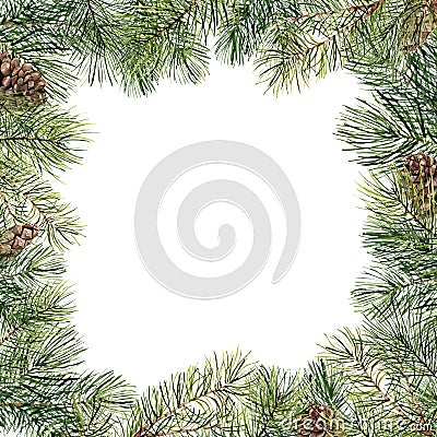 Watercolor Christmas tree floral frame with pine cones. Hand painted fir branch, pine cone isolated on white background Stock Photo