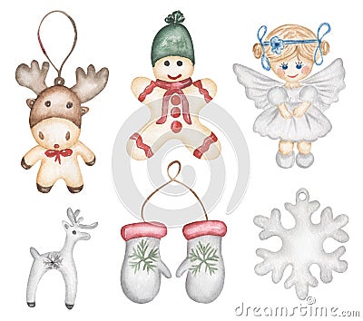 Watercolor Christmas tree toys clip art, Vintage style winter decor, christmas angel illustration, deer, mittens and ginger bread Cartoon Illustration