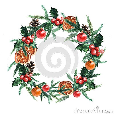 Watercolor Christmas wreath with christmas balls, pinecone, misletoe, oranges and branches of Christmas trees. Stock Photo