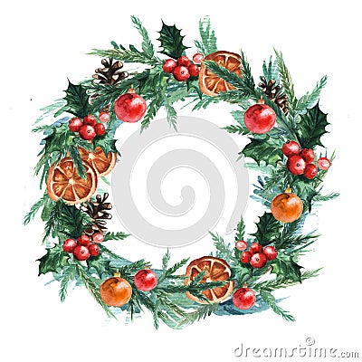 Watercolor Christmas wreath with christmas balls, pinecone, misletoe, oranges and branches of Christmas trees. Stock Photo