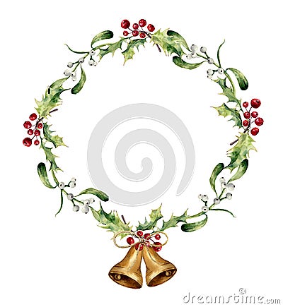 Watercolor christmas wreath with bells, holly and mistletoe. Hand painted christmas floral border isolated on white Cartoon Illustration