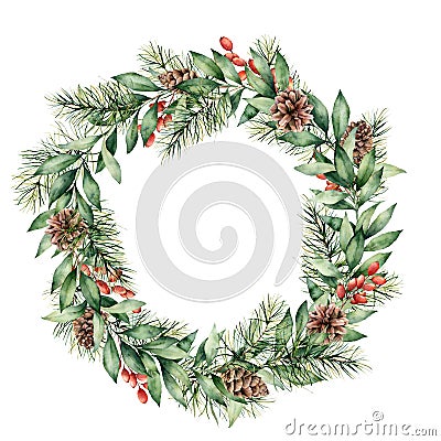 Watercolor Christmas wreath with berries, pine cones and tree branches. Hand painted fir border with eucalyptus leaves Cartoon Illustration