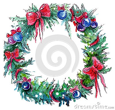 Watercolor Christmas wreath Stock Photo