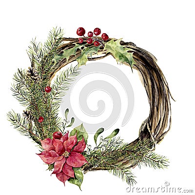 Watercolor christmas wreath with decor. New year tree and wood branch wreath with holly, mistletoe and poinsettia for Stock Photo