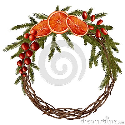 Watercolor Christmas wreath with fir branches, red berries, dried orange slices isolated on white background. Round wooden wicker Stock Photo