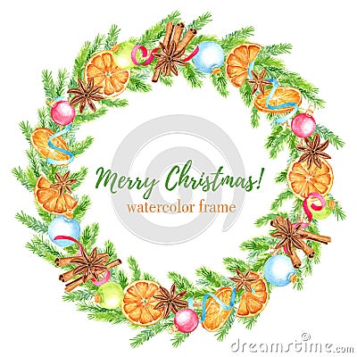 Watercolor Christmas wreath with fir tree branches, oranges, anise stars and cinnamon sticks, christmas balls and ribbons. floral Cartoon Illustration