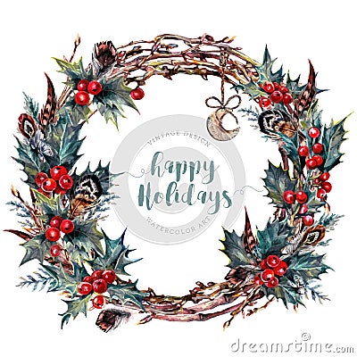 Watercolor Christmas Wreath Made of Holly Branches Vector Illustration