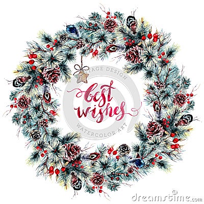 Watercolor Christmas Wreath Made of Spruce Branch Vector Illustration