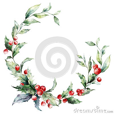 Watercolor Christmas wreath of red berries and leaves. Hand painted holiday card of plants isolated on white background Stock Photo