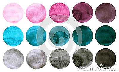 Watercolor circles collection pink, gray and blue colors. Stock Photo