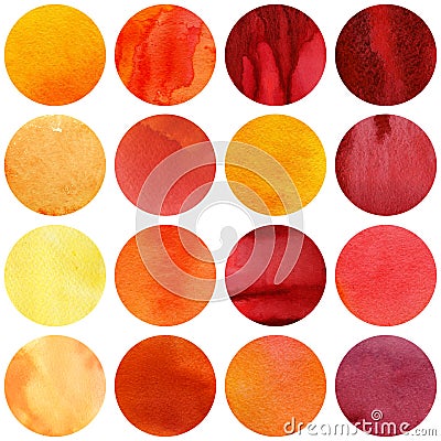 Watercolor circles collection in yellow and red colors. Stock Photo