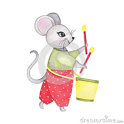 Watercolor circus animal mouse playing on drum isolated on white background Cartoon Illustration