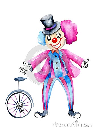 Watercolor circus clown and monocycle Stock Photo