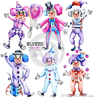 Watercolor circus clowns collection Stock Photo