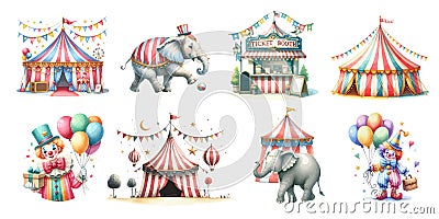 Watercolor circus decorative icons set with elephant clown and circus tent isolated vector. Vector Illustration