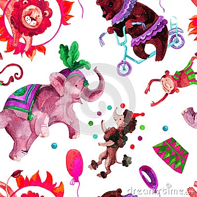 Watercolor circus seamless pattern. Cartoon Illustration