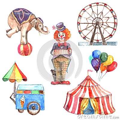 Watercolor Circus Set Vector Illustration