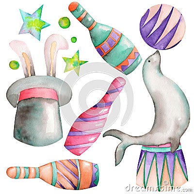 A watercolor circus set with the hand drawn elements: a fur seal with a ball, a hat with a rabbit and circus bowls. Stock Photo