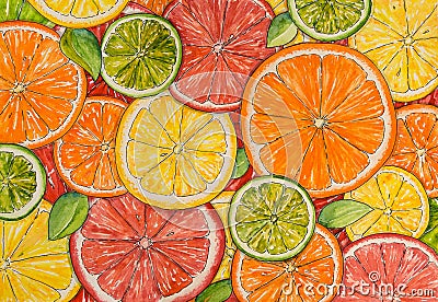 Watercolor citrus background. Paint texture. Hand drawn oranges, lemons, limes, mandarins, grapefruits. Bright watercolor stains Stock Photo