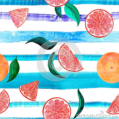 Watercolor citrus pattern grapefruit, floral seamless pattern, botanical natural illustration on turquoise violet stripe Cartoon Illustration