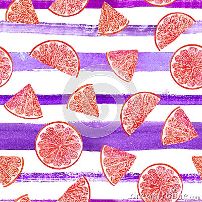 Watercolor citrus pattern grapefruit, floral seamless pattern, botanical natural illustration on ultra violet stripe Cartoon Illustration