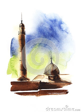 Watercolor city landscape of Great Mosque of Mardin in white blurry frame. Hand drawn summer illustration of Turkish historic Cartoon Illustration