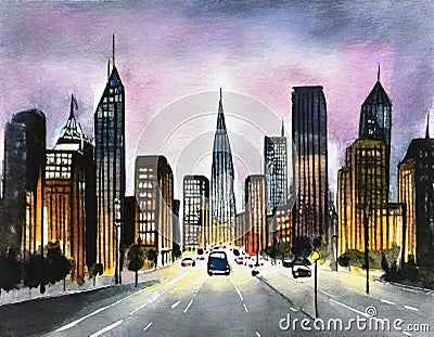 Watercolor of city at night home house design Stock Photo