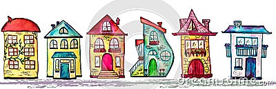 Watercolor city seamless line. Cute houses background. Raster illustration Cartoon Illustration