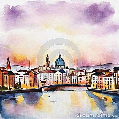 Watercolor of city skyline at by AI Stock Photo