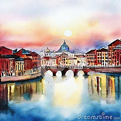 Watercolor of city skyline at by AI Stock Photo