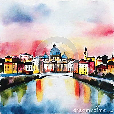 Watercolor of city skyline at by AI Stock Photo