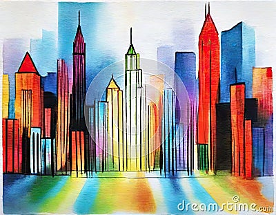 Watercolor of City skyline as seen from the floor Stock Photo