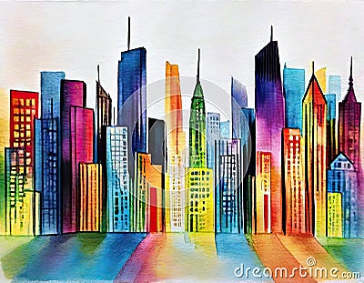 Watercolor of City skyline as seen from the floor Stock Photo