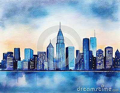 Watercolor of City skyline view landscape with twilight blue light flat Stock Photo
