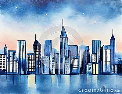 Watercolor of City skyline view landscape with twilight blue light flat Stock Photo