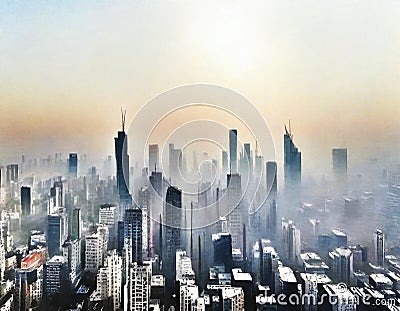 Watercolor of City smog pollution Stock Photo