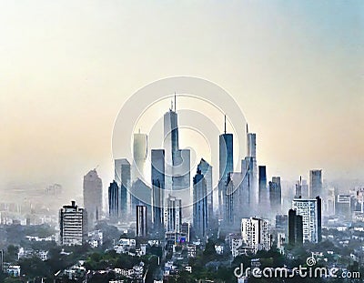 Watercolor of City smog pollution Stock Photo