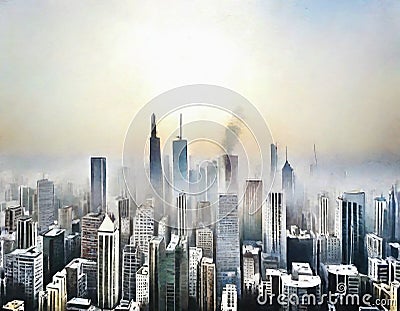 Watercolor of City smog pollution Stock Photo