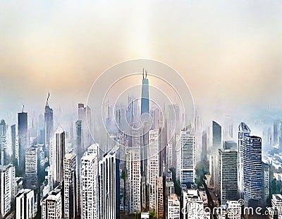 Watercolor of City smog pollution Stock Photo