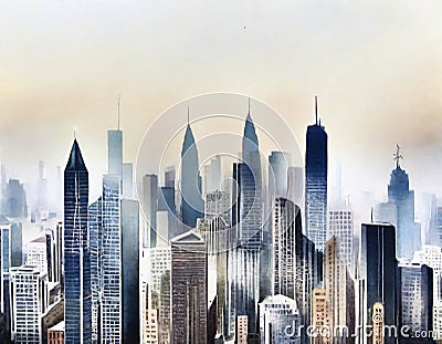 Watercolor of City smog pollution Stock Photo