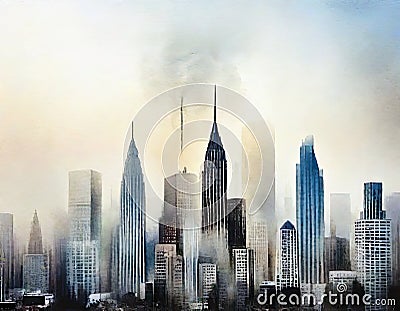 Watercolor of City smog pollution Stock Photo