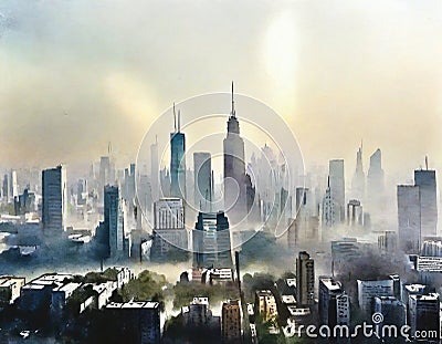 Watercolor of City smog pollution Stock Photo